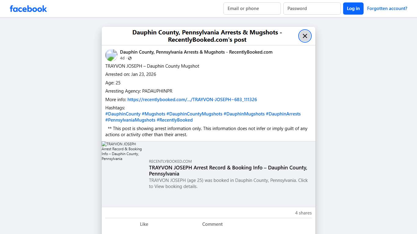 TRAYVON JOSEPH – Dauphin County Mugshot Arrested on: Jan 23, 2026 Age: 25 Arresting Agency: PADAUPHINPR More info: https://recentlybooked.com/PA/Dauphin/TRAYVON-JOSEPH~683_111326 Hashtags: #DauphinCounty #Mugshots #DauphinCountyMugshots #DauphinMugshots #DauphinArrests #PennsylvaniaMugshots #RecentlyBooked ** This post is showing arrest information only. This information does not infer or imply guilt of any actions or activity other than... - Dauphin County, Pennsylvania Arrests & Mugshots - Rec