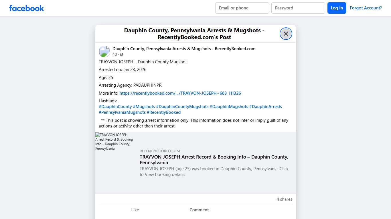 TRAYVON JOSEPH – Dauphin County Mugshot Arrested on: Jan 23, 2026 Age: 25 Arresting Agency: PADAUPHINPR More info: https://recentlybooked.com/PA/Dauphin/TRAYVON-JOSEPH~683_111326 Hashtags: #DauphinCounty #Mugshots #DauphinCountyMugshots #DauphinMugshots #DauphinArrests #PennsylvaniaMugshots #RecentlyBooked ** This post is showing arrest information only. This information does not infer or imply guilt of any actions or activity other than... - Dauphin County, Pennsylvania Arrests & Mugshots - Rec