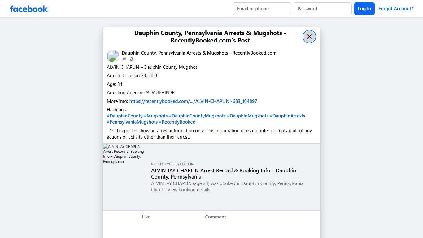 ALVIN CHAPLIN – Dauphin County Mugshot Arrested on: Jan 24, 2026 Age: 34 Arresting Agency: PADAUPHINPR More info: https://recentlybooked.com/PA/Dauphin/ALVIN-CHAPLIN~683_104897 Hashtags: #DauphinCounty #Mugshots #DauphinCountyMugshots #DauphinMugshots #DauphinArrests #PennsylvaniaMugshots #RecentlyBooked ** This post is showing arrest information only. This information does not infer or imply guilt of any actions or activity other than... - Dauphin County, Pennsylvania Arrests & Mugshots - Recen